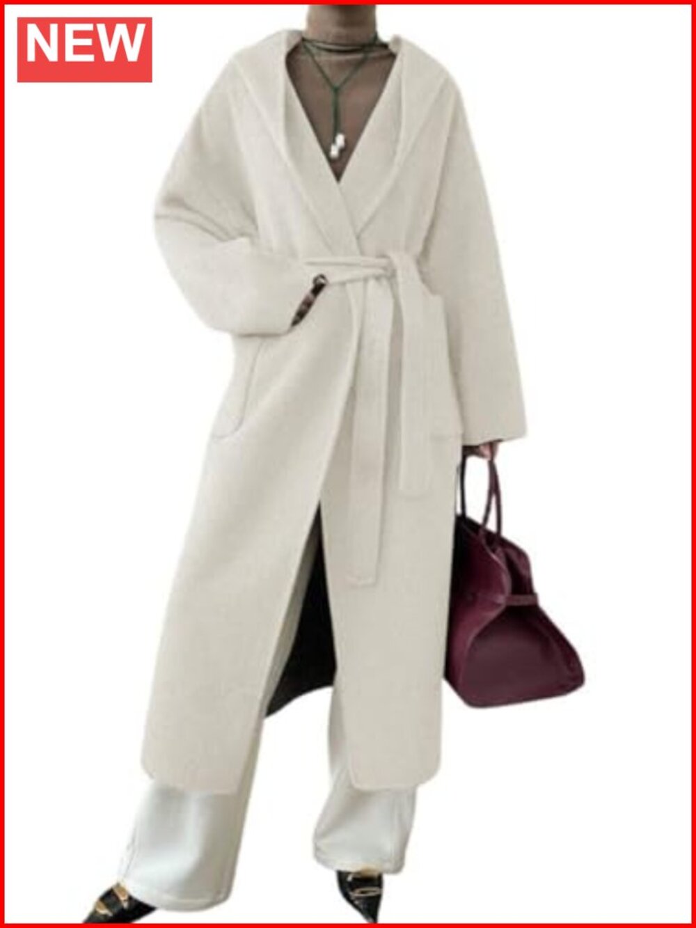 Winter Wool Blend Pea Coat Mid Long Hooded Belted Loose Fit
